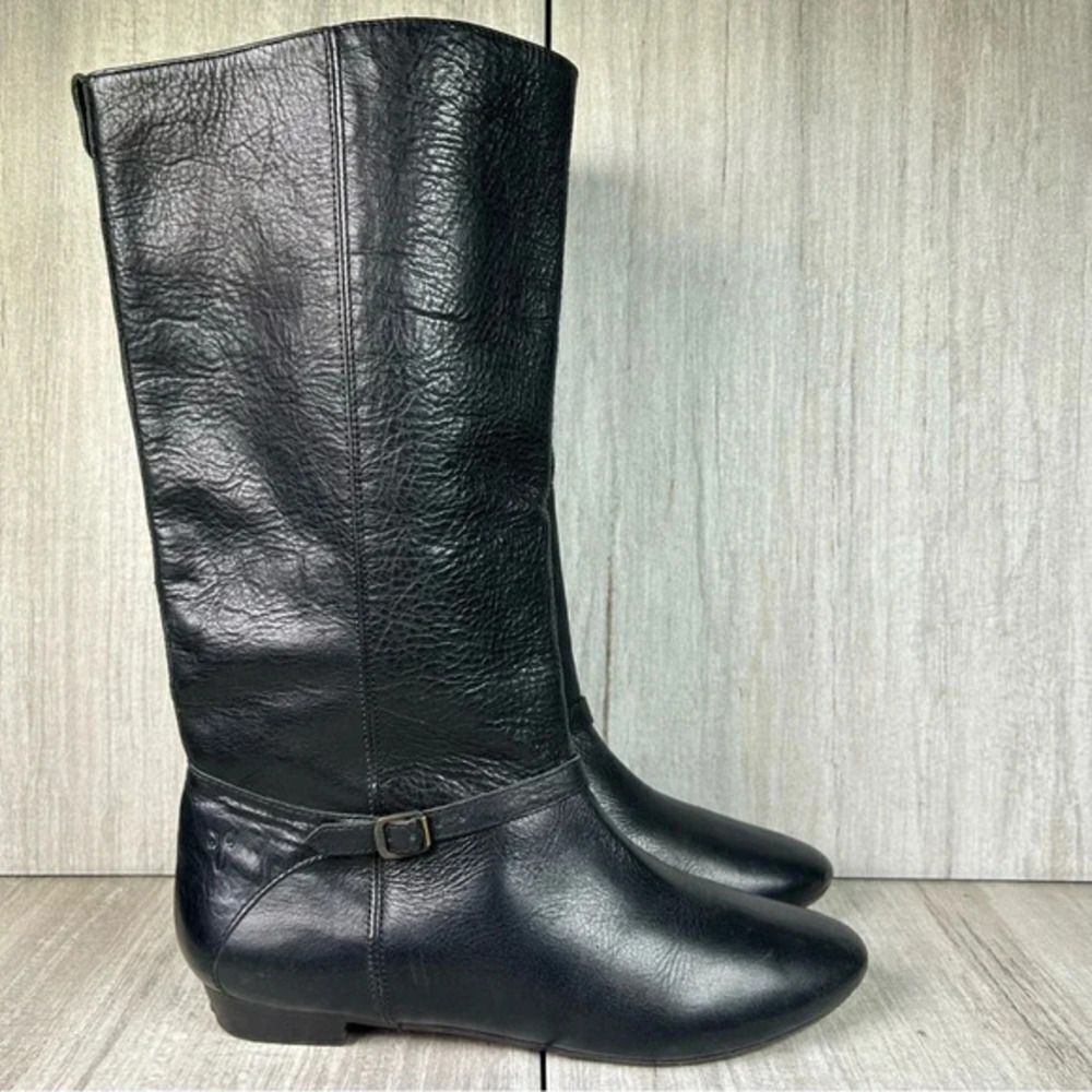 Frye Bonnie Black Leather Low Heel Flat Mid Calf Tall Ring Boots Women’s Size 6